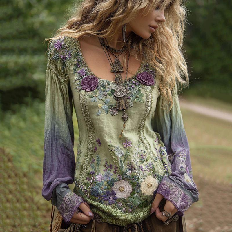 3D Printed Women's Round Neck Long Sleeve Retro Bohemian Style Top