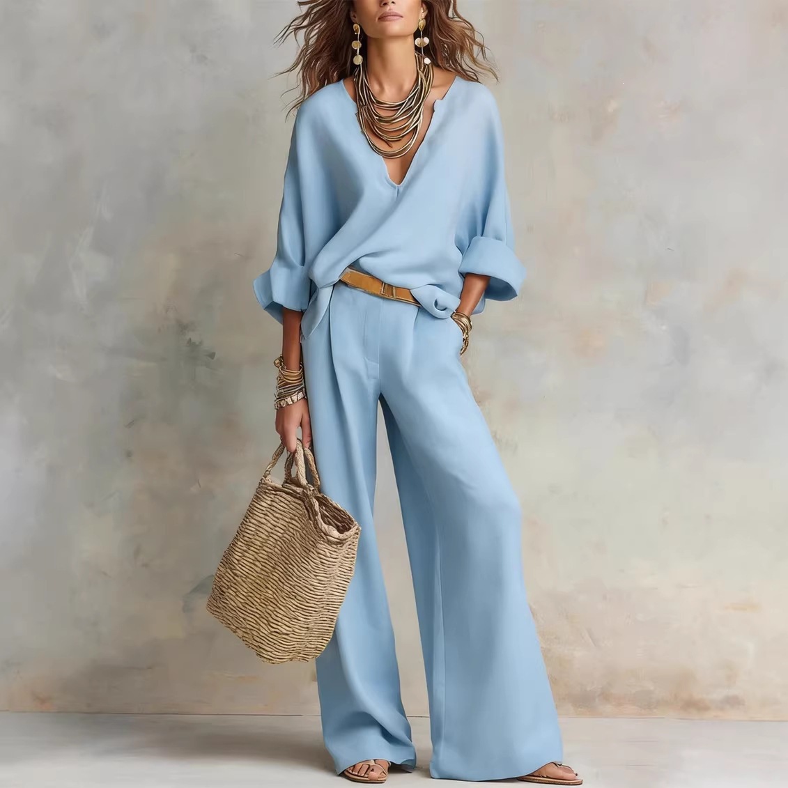 Stylish and casual natural faux linen loose-fitting vacation suit
