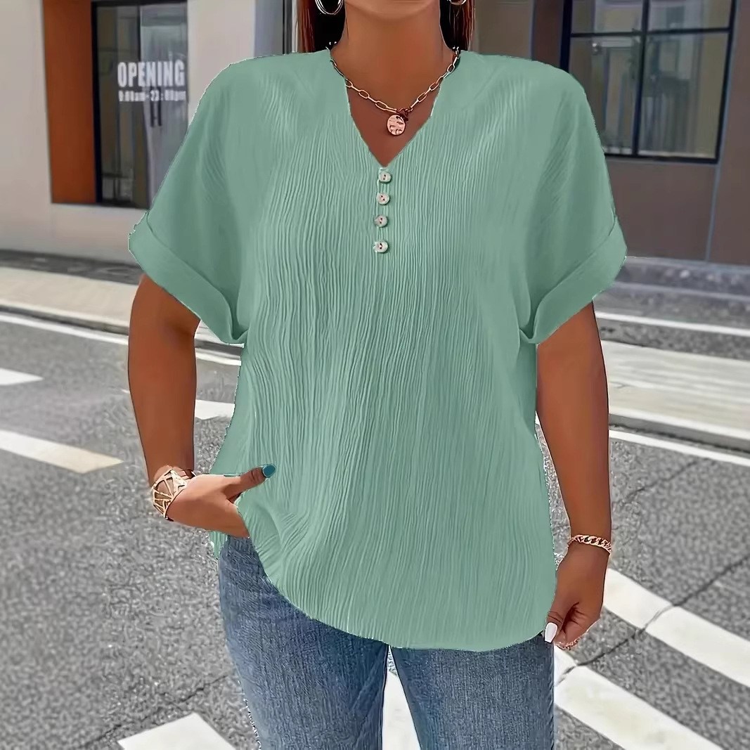 Loose V-neck short-sleeved T-shirt, women's, new summer style, solid color, button design, top, plus size, casual.
