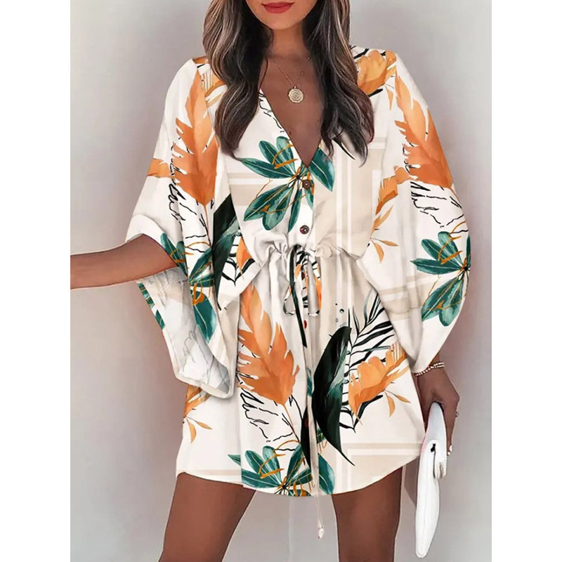 Women's Summer Flutter Sleeve Amazon V-Neck Tie-Waist Printed Beach Dress