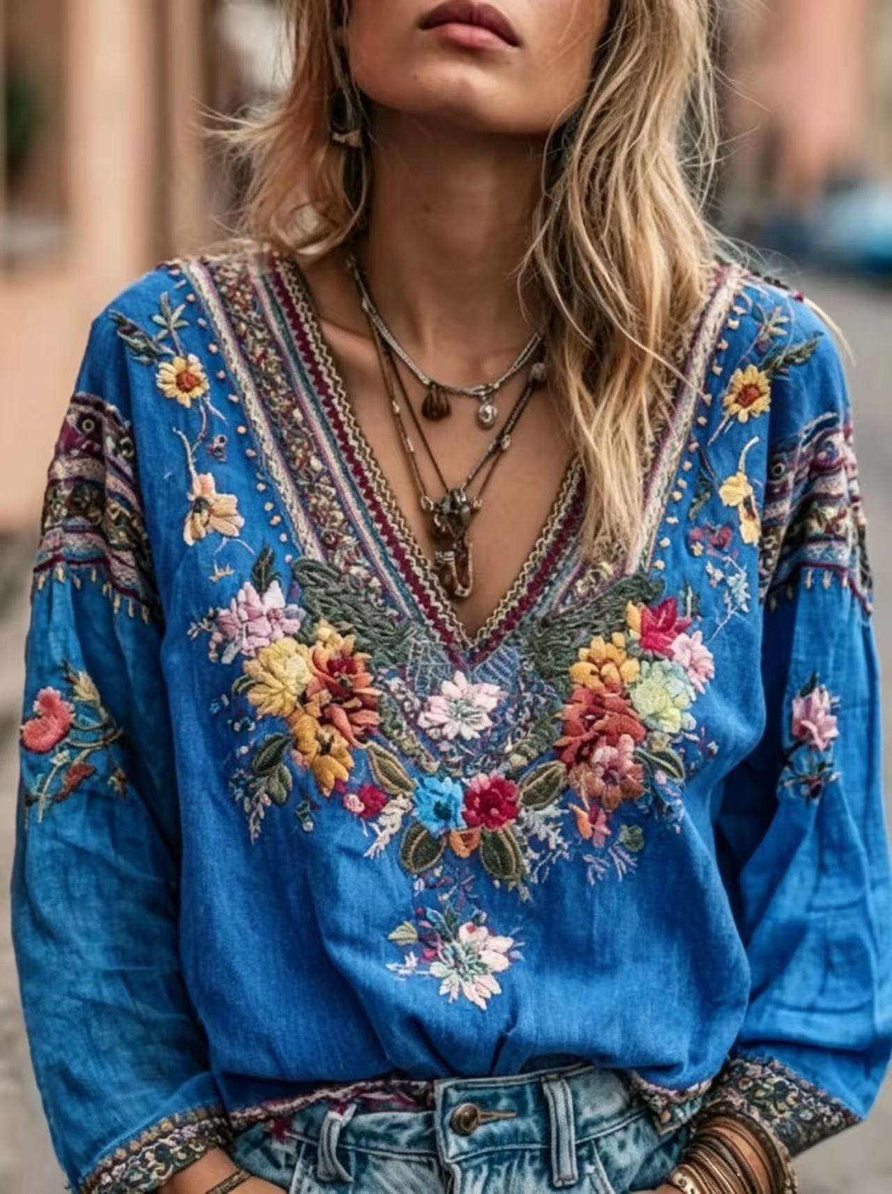 Women's Boho V Neck Blouse Retro Floral Embroidery Long Sleeve Ethnic Style Loose Casual Shirt