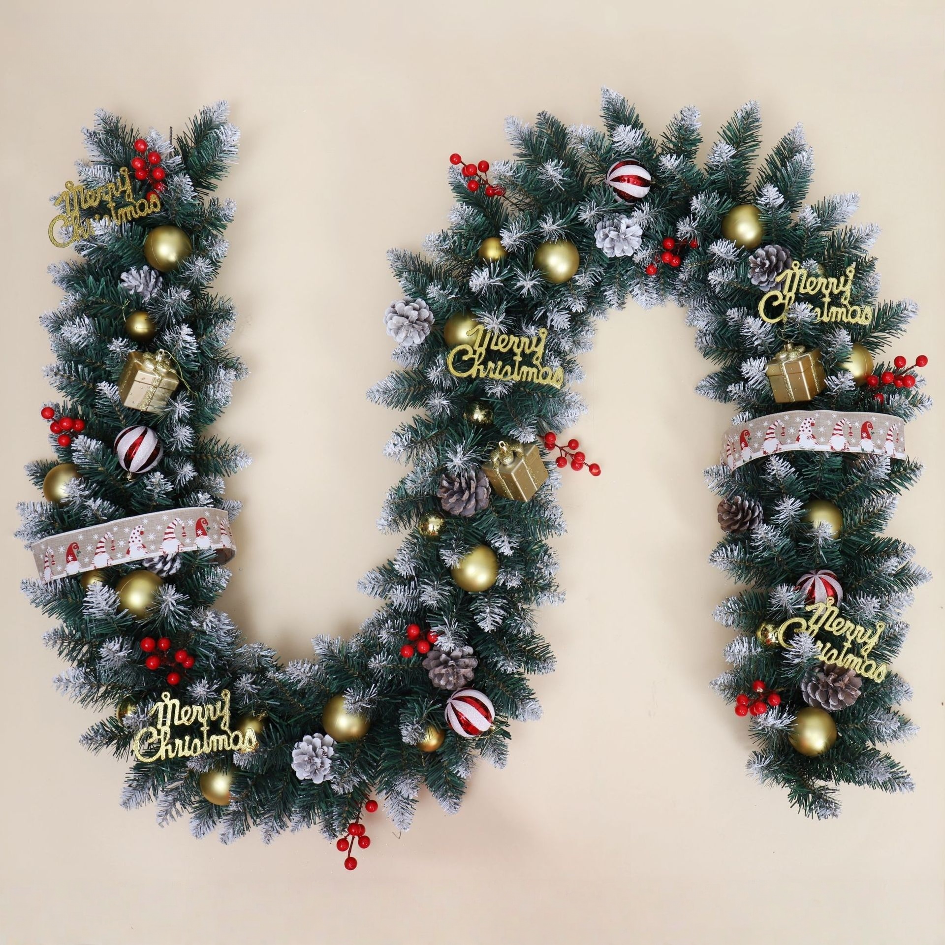 Christmas decorative rattan 270cm with white ribbon and pine cones, simulated staircase, Christmas wreath decorations