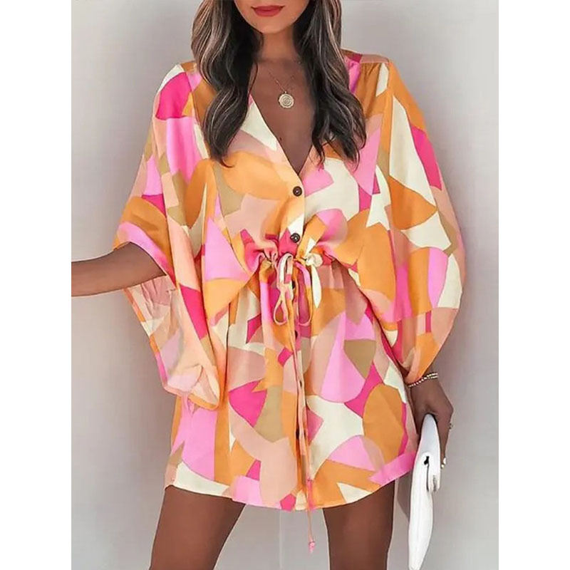 Women's Summer Flutter Sleeve Amazon V-Neck Tie-Waist Printed Beach Dress