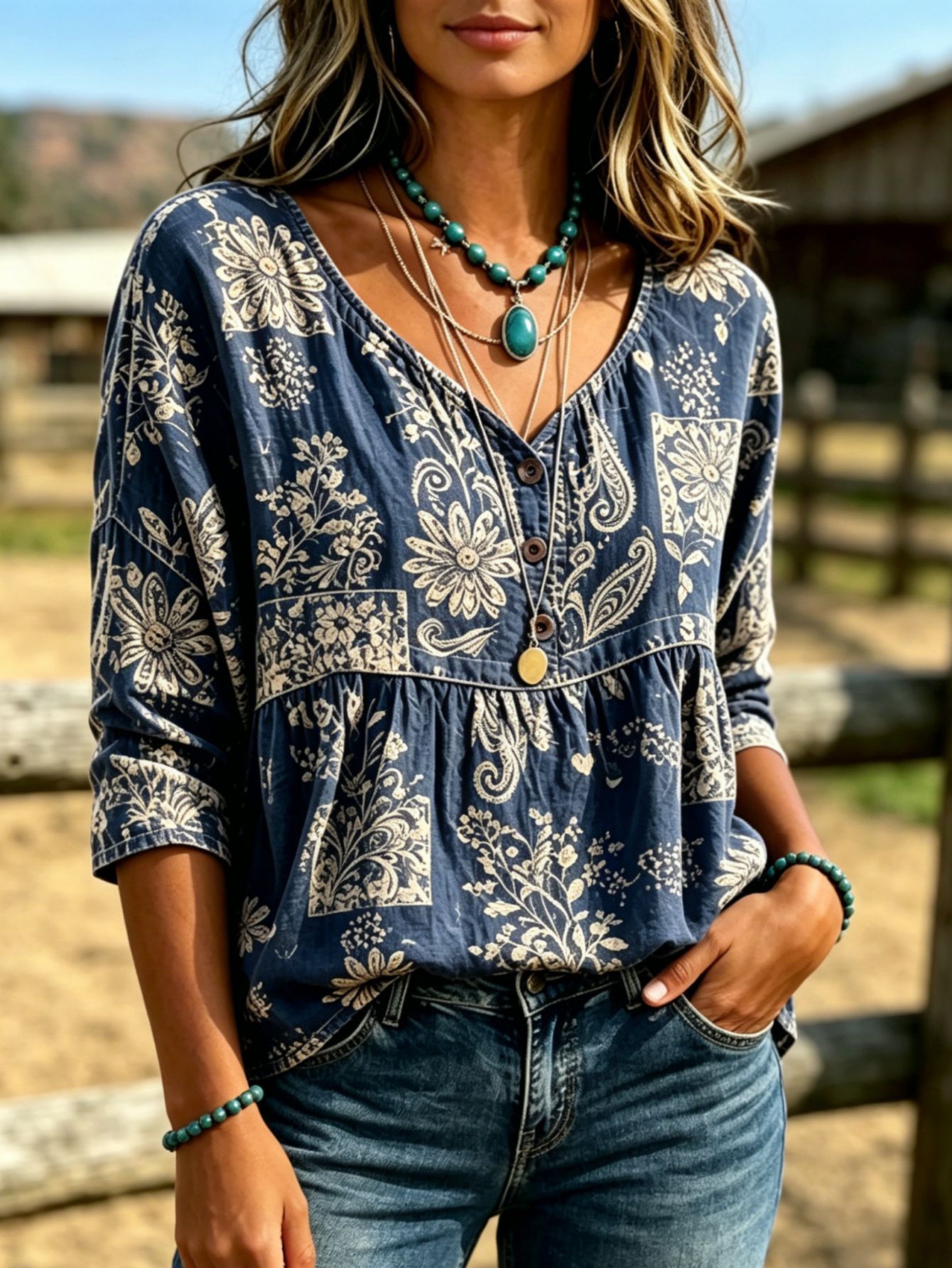 Summer Women's Button-Up Ethnic Print Three-Quarter Sleeve Shirt