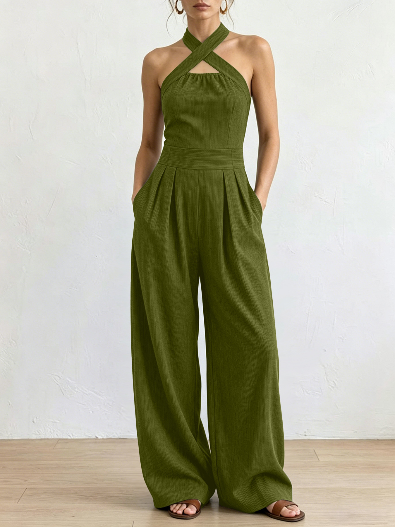 2026 Summer Cross-Neck Straight-Leg Jumpsuit, Elegant and Slimming, Sleeveless