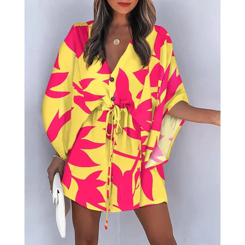 Women's Summer Flutter Sleeve Amazon V-Neck Tie-Waist Printed Beach Dress