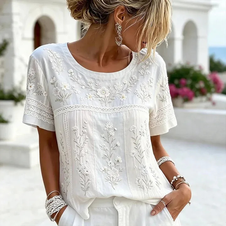 Women's Pink Floral And Lace Art Embroidery Mint Green Cotton Linen Short Sleeve Round Neck Top