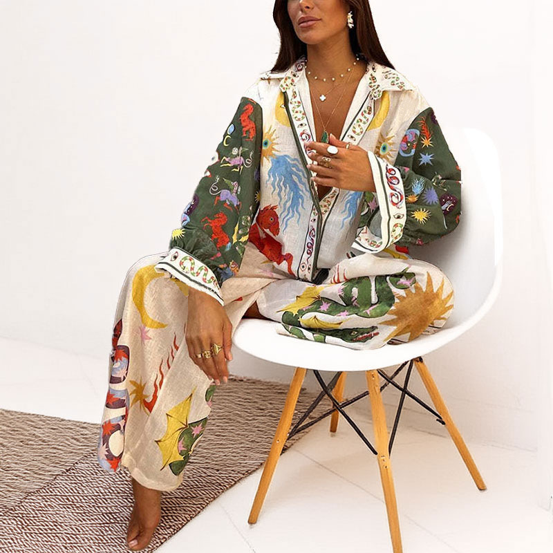 New Summer Style Personalized Graffiti Casual Collared Shirt Long-Sleeve Fashion Set