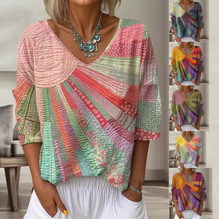 Retro floral gradient art print three-quarter sleeve V-neck loose women's top