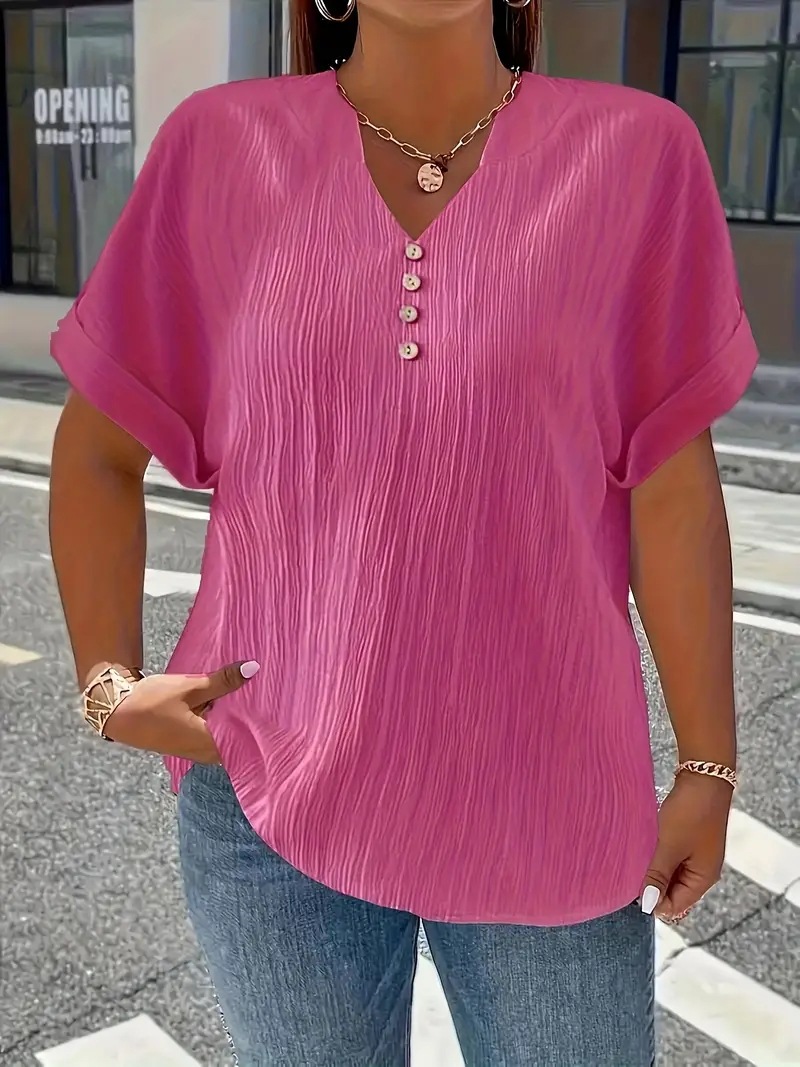 Loose V-neck short-sleeved T-shirt, women's, new summer style, solid color, button design, top, plus size, casual.
