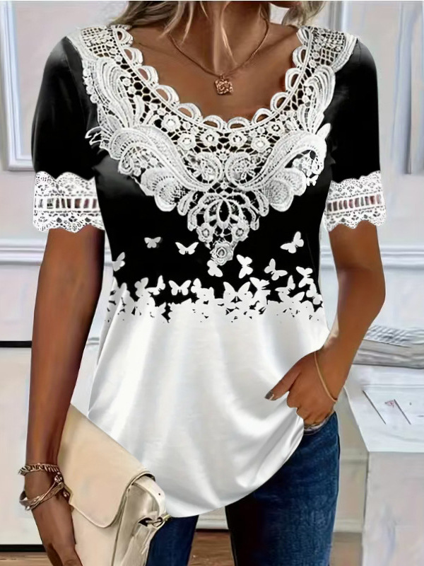 Women's Elegant Lace-Trimmed Round Neck Short-Sleeve T-Shirt in Multiple Colors