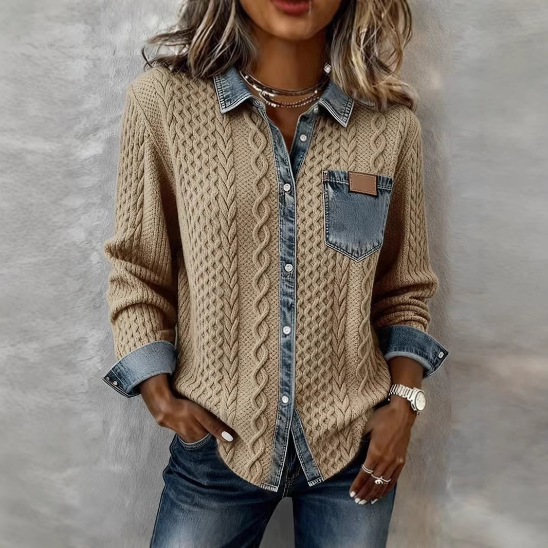 Women's European and American style knitted patchwork denim shirt long-sleeved cardigan jacket