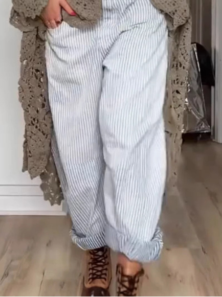 Cotton and linen striped straight loose-fitting mid-waist casual fashion wide-leg