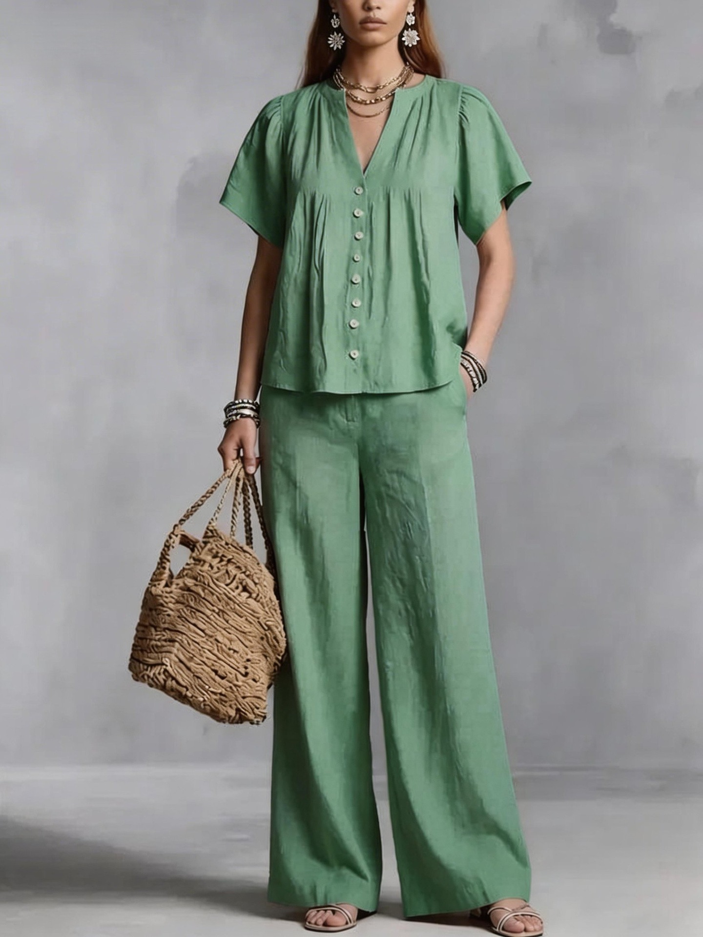 New Women's Beach Vacation Cotton Linen V-Neck Casual Suit