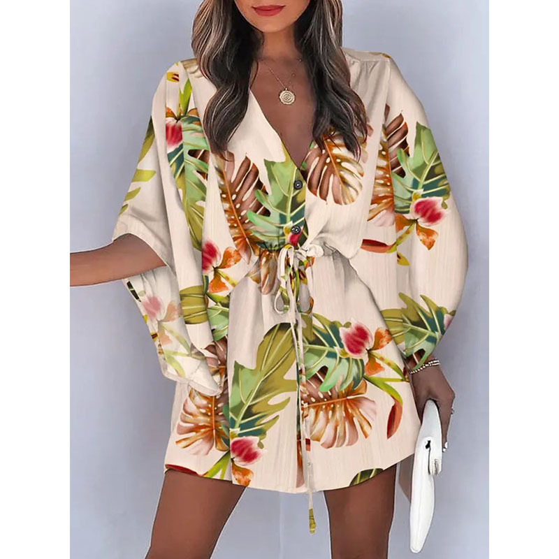 Women's Summer Flutter Sleeve Amazon V-Neck Tie-Waist Printed Beach Dress