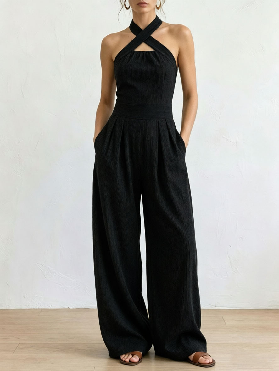 2026 Summer Cross-Neck Straight-Leg Jumpsuit, Elegant and Slimming, Sleeveless