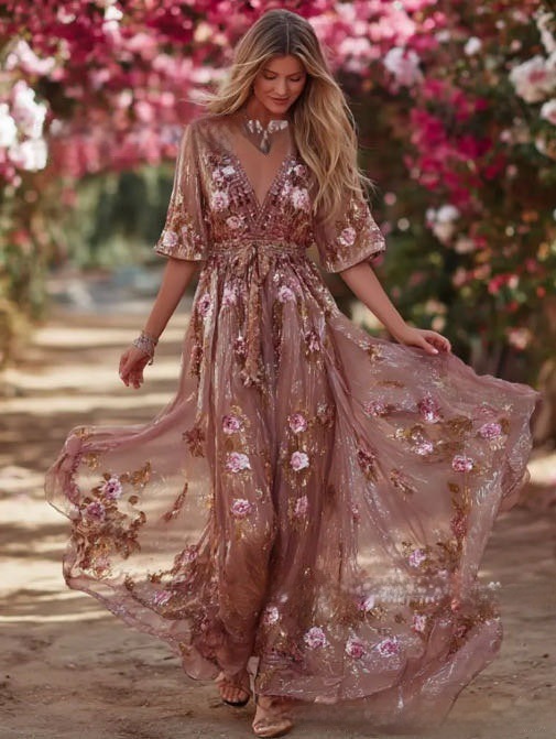 Women's solid color high-end elegant printed pleated floral midi skirt