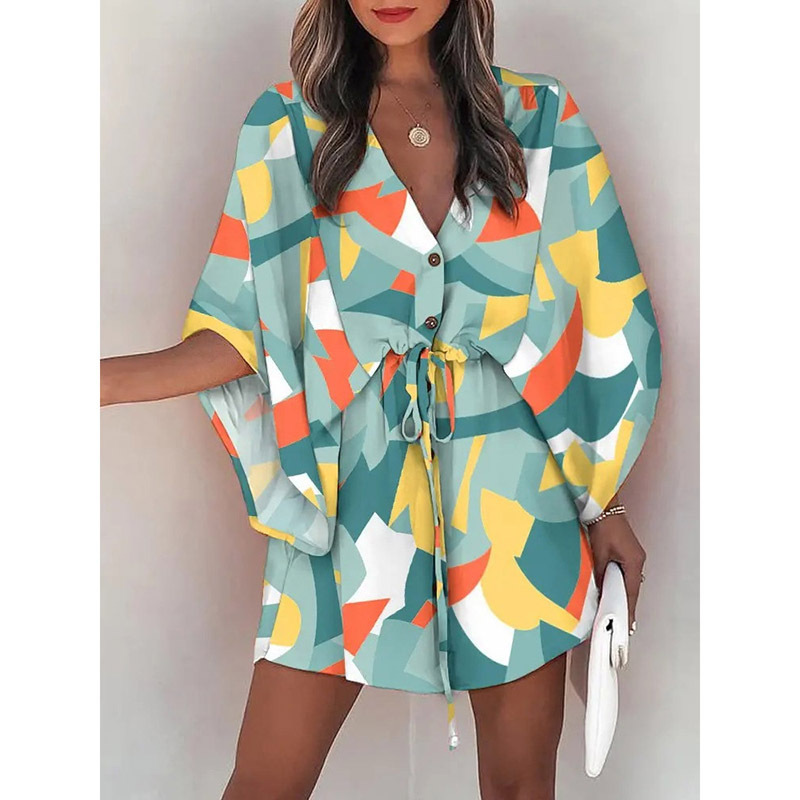 Women's Summer Flutter Sleeve Amazon V-Neck Tie-Waist Printed Beach Dress
