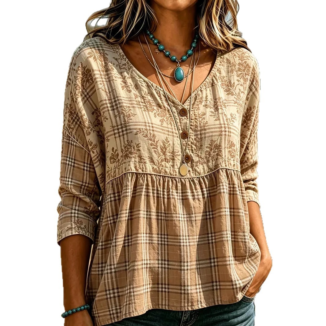 Summer Women's Button-Up Ethnic Print Three-Quarter Sleeve Shirt