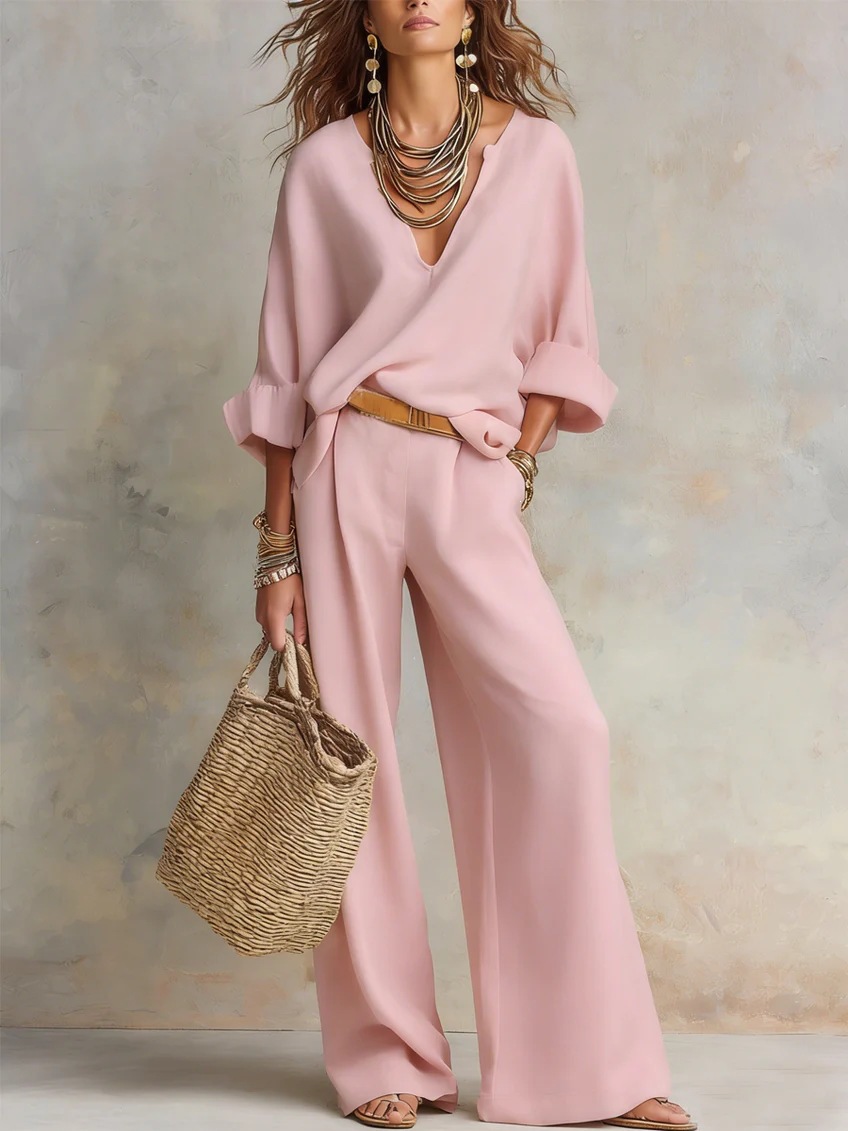 Stylish and casual natural faux linen loose-fitting vacation suit