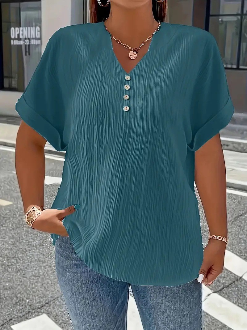 Loose V-neck short-sleeved T-shirt, women's, new summer style, solid color, button design, top, plus size, casual.