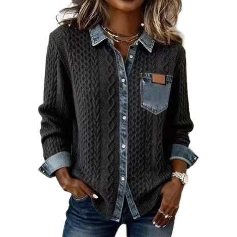 Women's European and American style knitted patchwork denim shirt long-sleeved cardigan jacket