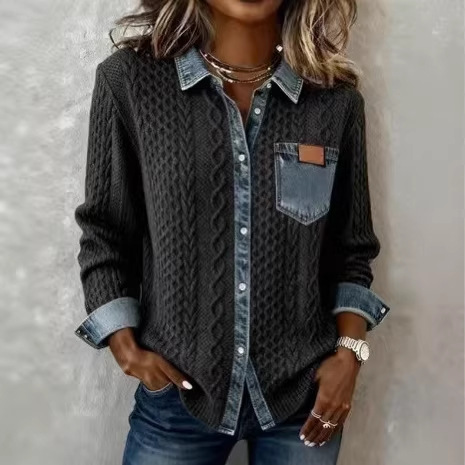 Women's European and American style knitted patchwork denim shirt long-sleeved cardigan jacket