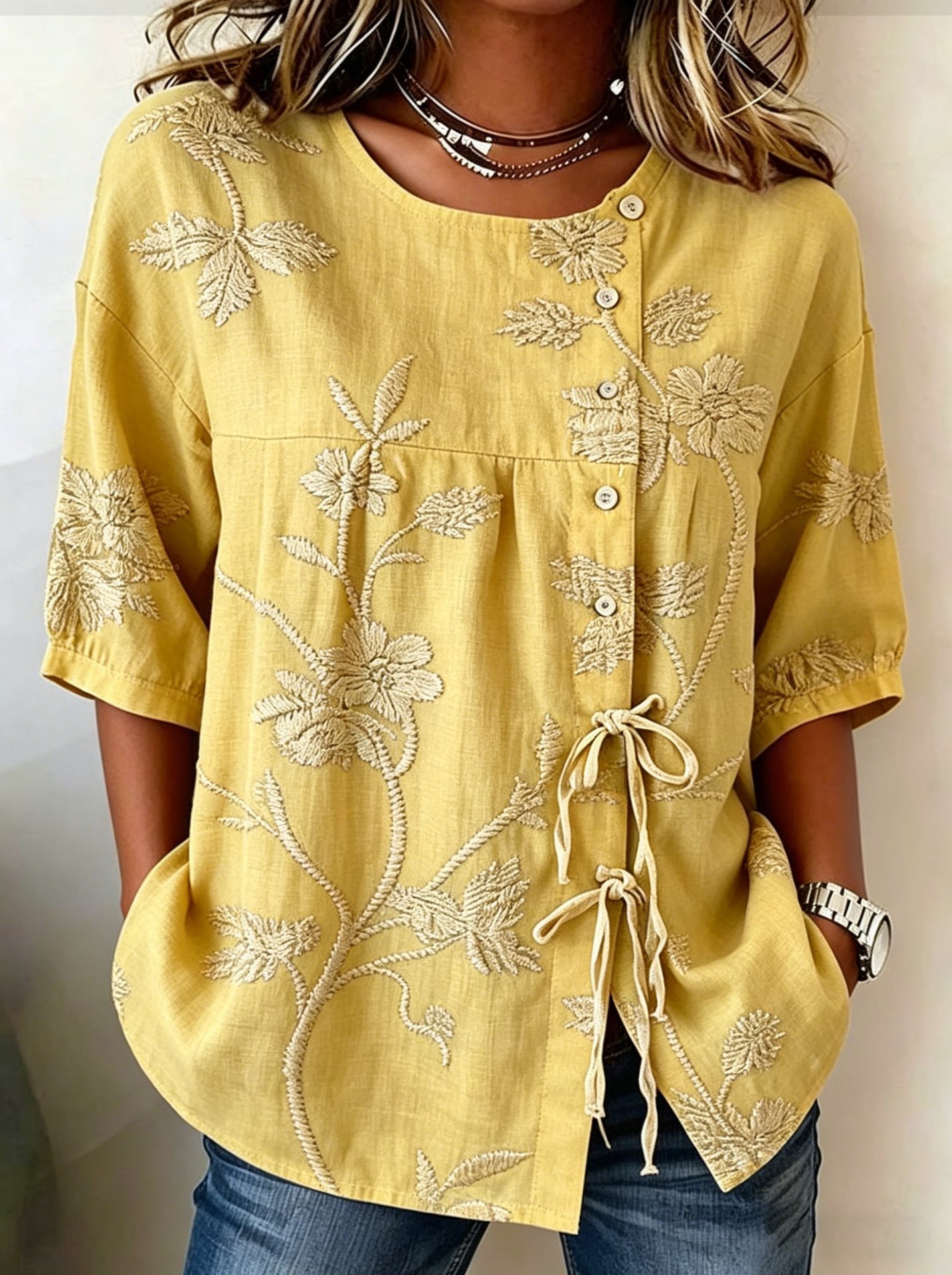 Retro Floral Art Print Casual Cotton Linen Shirt
