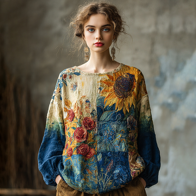 3D Printed Women's Round Neck Long Sleeve Retro Bohemian Style Top