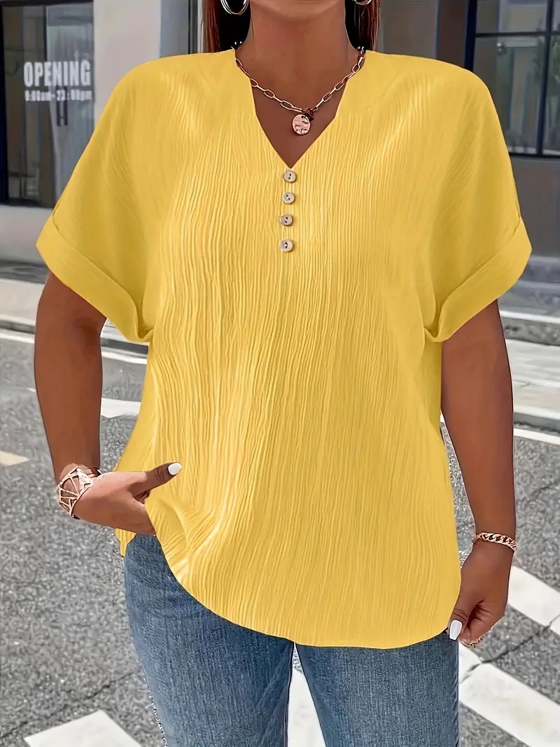 Loose V-neck short-sleeved T-shirt, women's, new summer style, solid color, button design, top, plus size, casual.