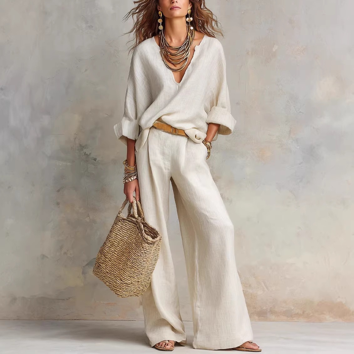 Stylish and casual natural faux linen loose-fitting vacation suit