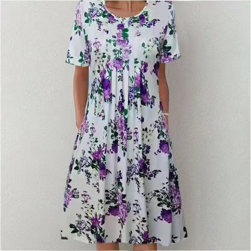Women's elegant full skirt round neck printed short-sleeved dress