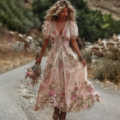Women's solid color high-end elegant printed pleated floral midi skirt
