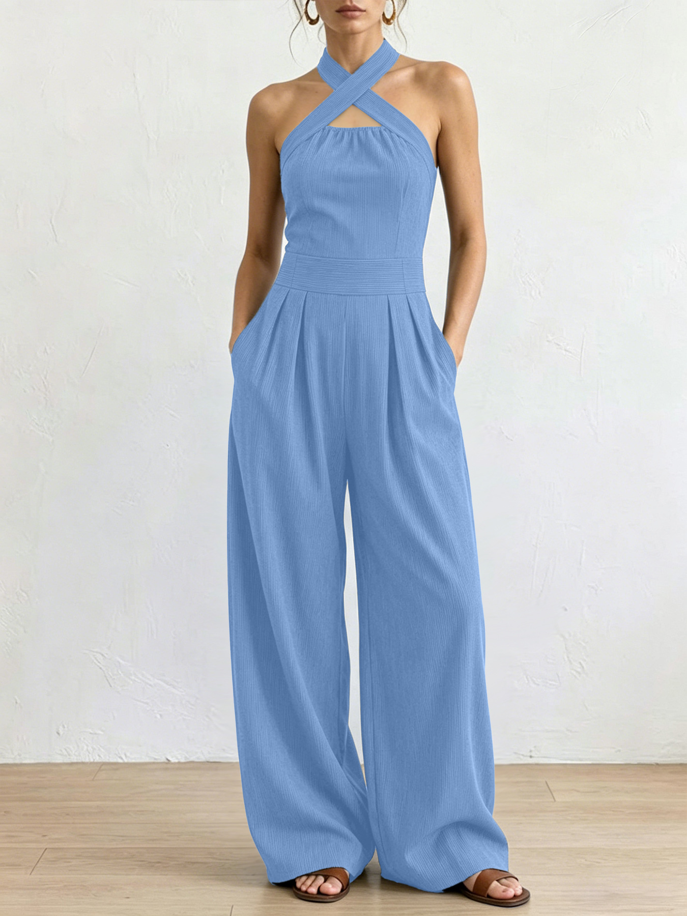 2026 Summer Cross-Neck Straight-Leg Jumpsuit, Elegant and Slimming, Sleeveless