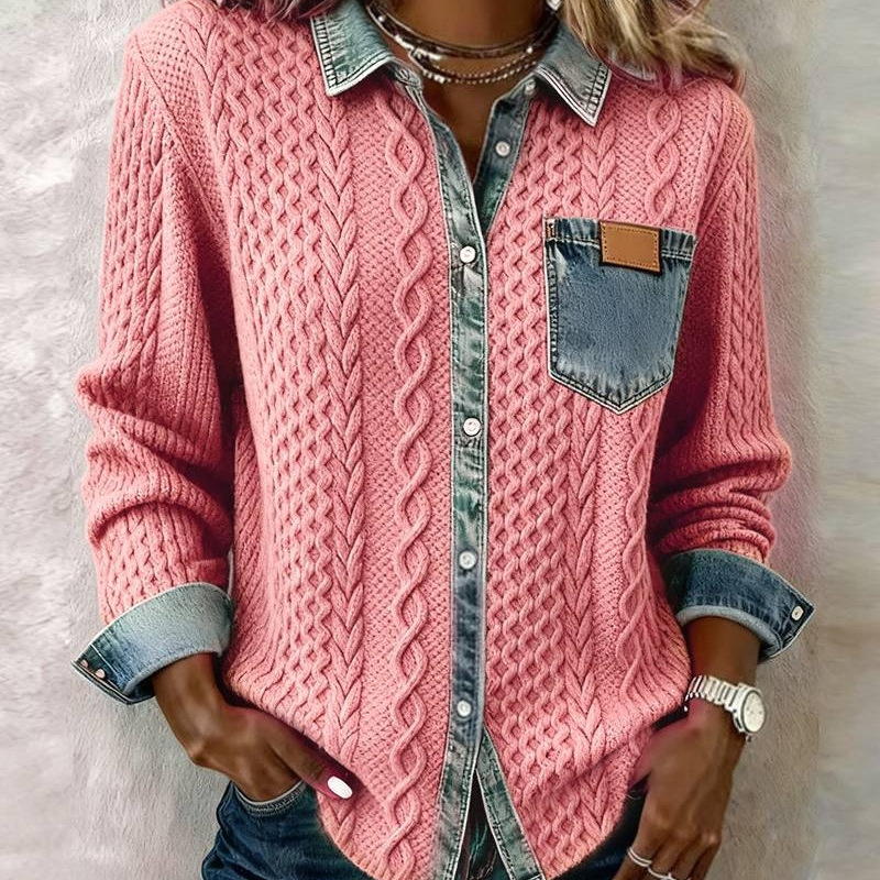 Women's European and American style knitted patchwork denim shirt long-sleeved cardigan jacket