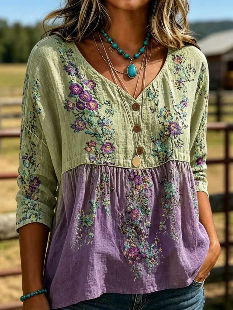 Summer Women's Button-Up Ethnic Print Three-Quarter Sleeve Shirt