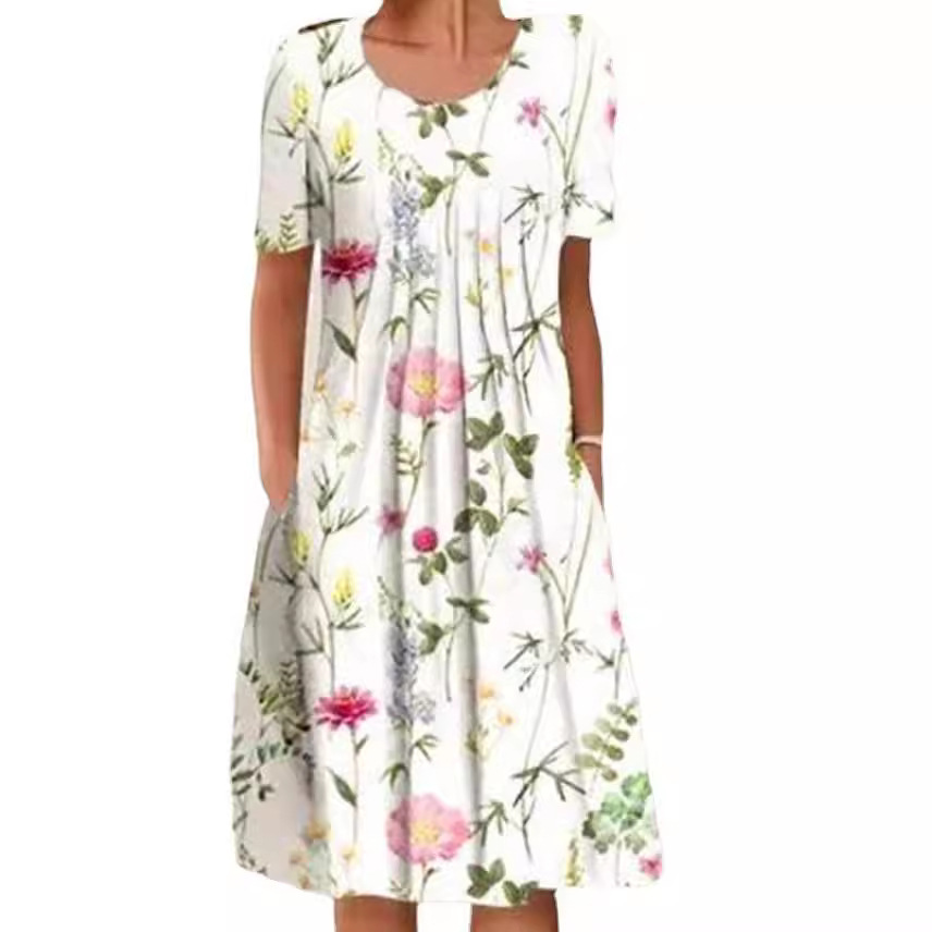 Women's elegant full skirt round neck printed short-sleeved dress