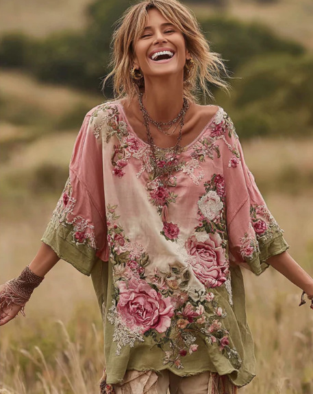 3D Printed Women's Round Neck Long Sleeve Retro Bohemian Style Top