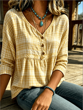 Summer Women's Button-Up Ethnic Print Three-Quarter Sleeve Shirt