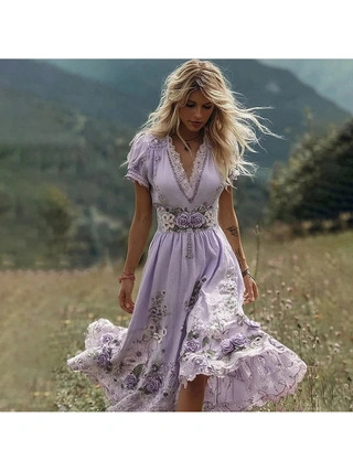 Women's solid color high-end elegant printed pleated floral midi skirt