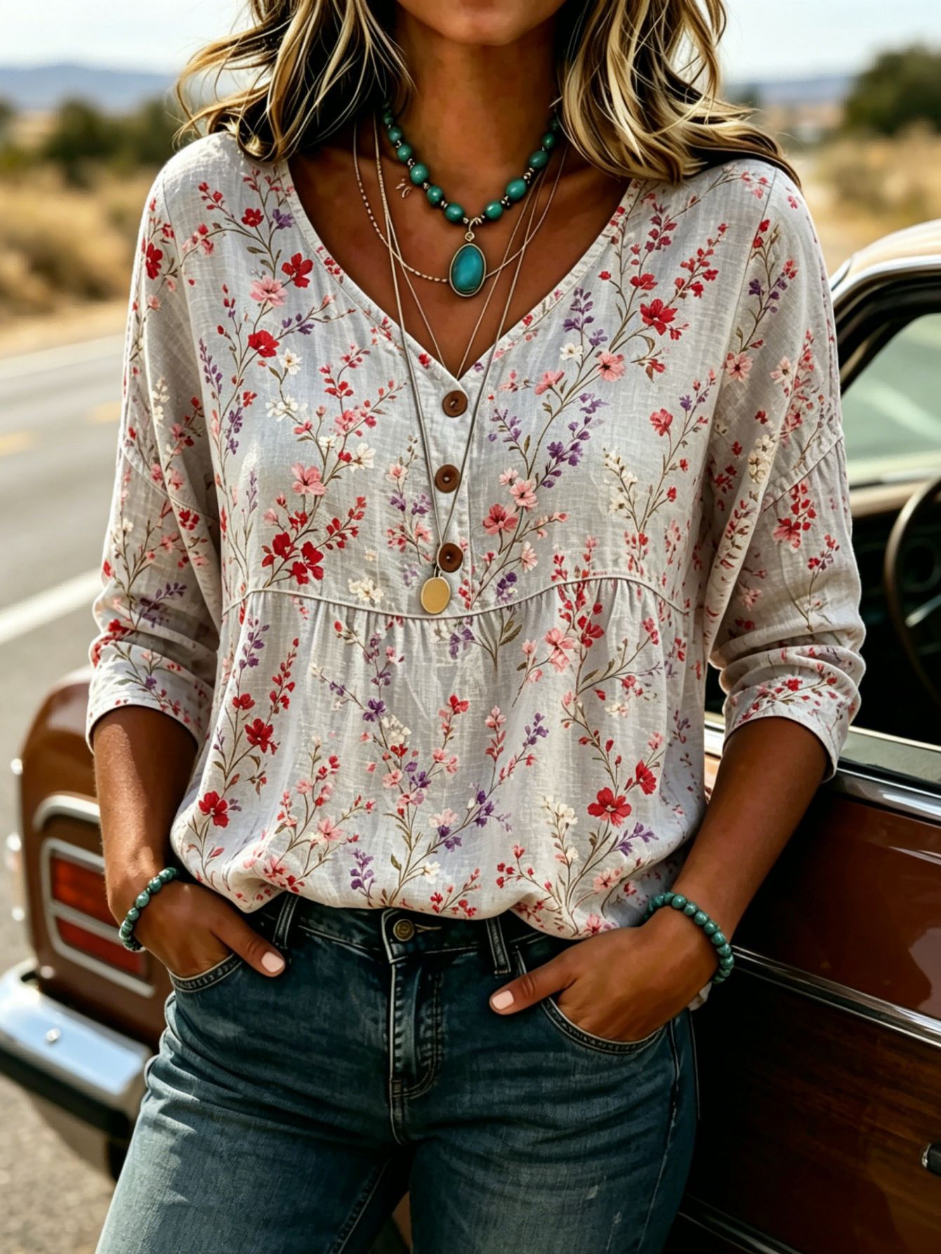 Summer Women's Button-Up Ethnic Print Three-Quarter Sleeve Shirt