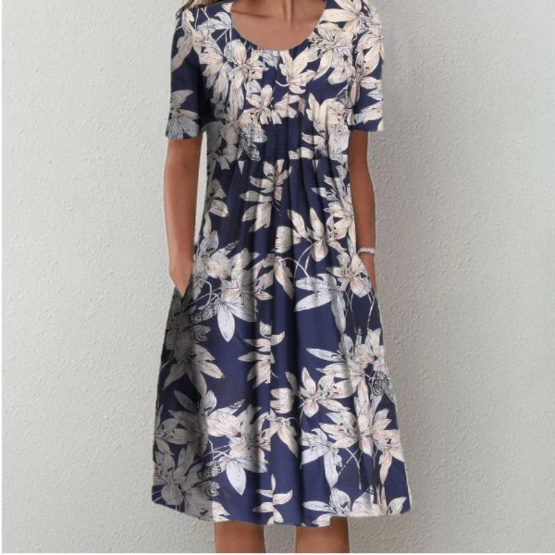 Women's elegant full skirt round neck printed short-sleeved dress