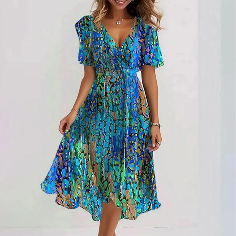 Loose-fitting, casual, elegant V-neck floral print dress