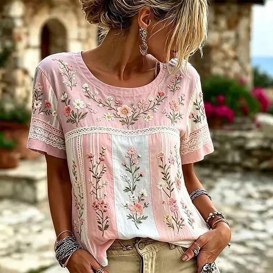 Women's Pink Floral And Lace Art Embroidery Mint Green Cotton Linen Short Sleeve Round Neck Top