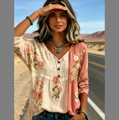 Summer Women's Button-Up Ethnic Print Three-Quarter Sleeve Shirt