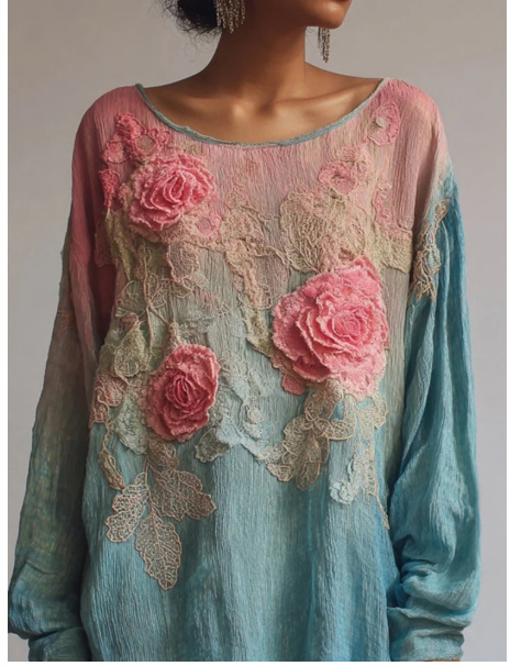 3D Printed Women's Round Neck Long Sleeve Retro Bohemian Style Top