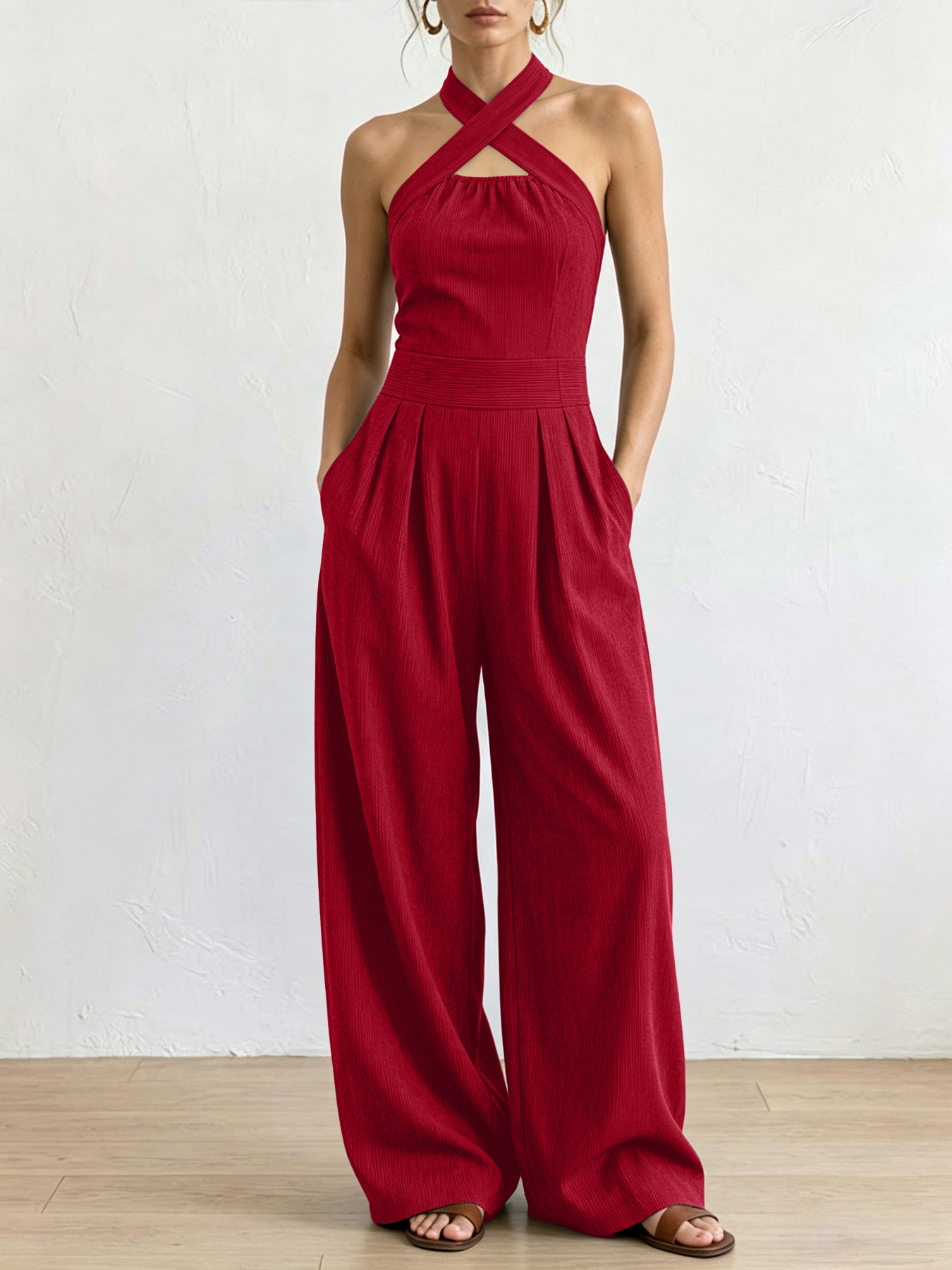2026 Summer Cross-Neck Straight-Leg Jumpsuit, Elegant and Slimming, Sleeveless