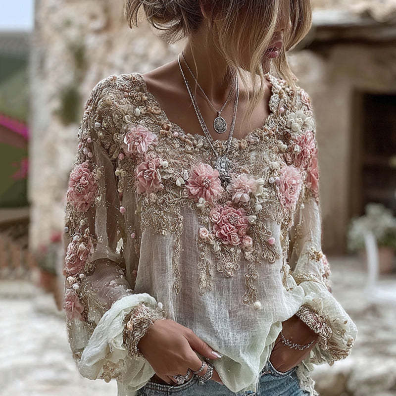 3D Printed Women's Round Neck Long Sleeve Retro Bohemian Style Top