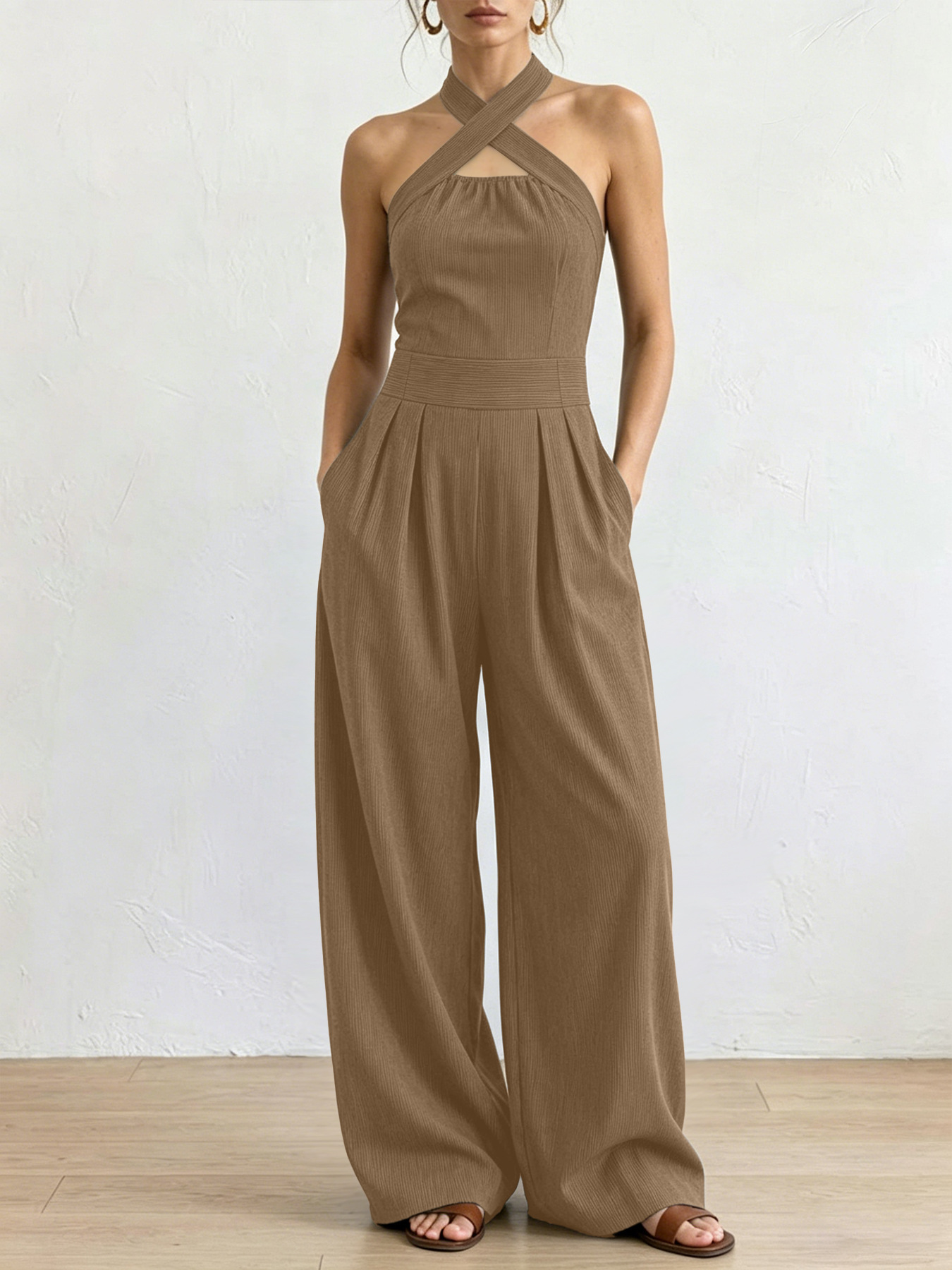 2026 Summer Cross-Neck Straight-Leg Jumpsuit, Elegant and Slimming, Sleeveless