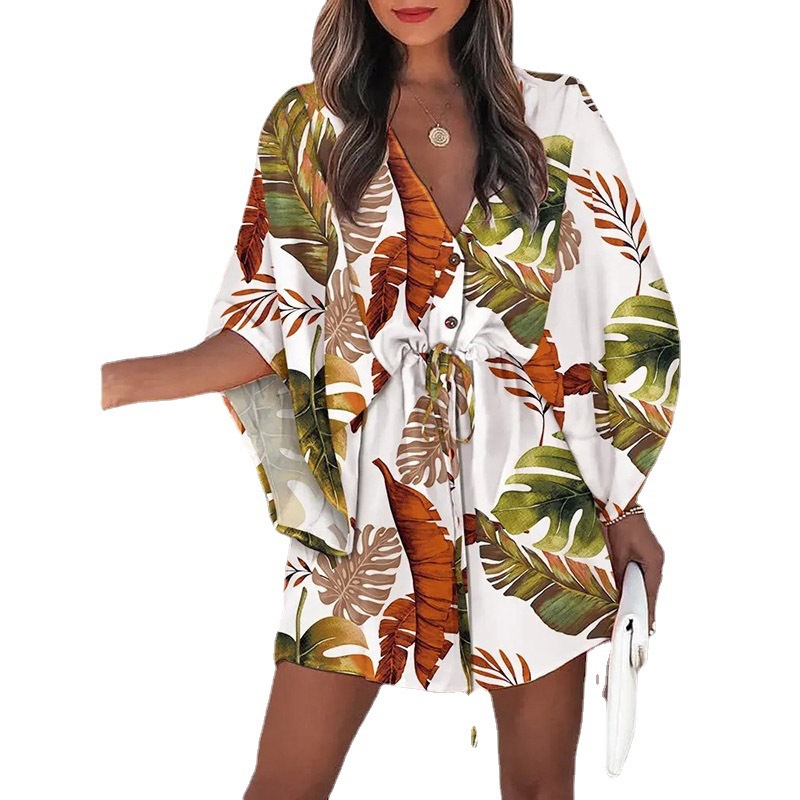 Women's Summer Flutter Sleeve Amazon V-Neck Tie-Waist Printed Beach Dress